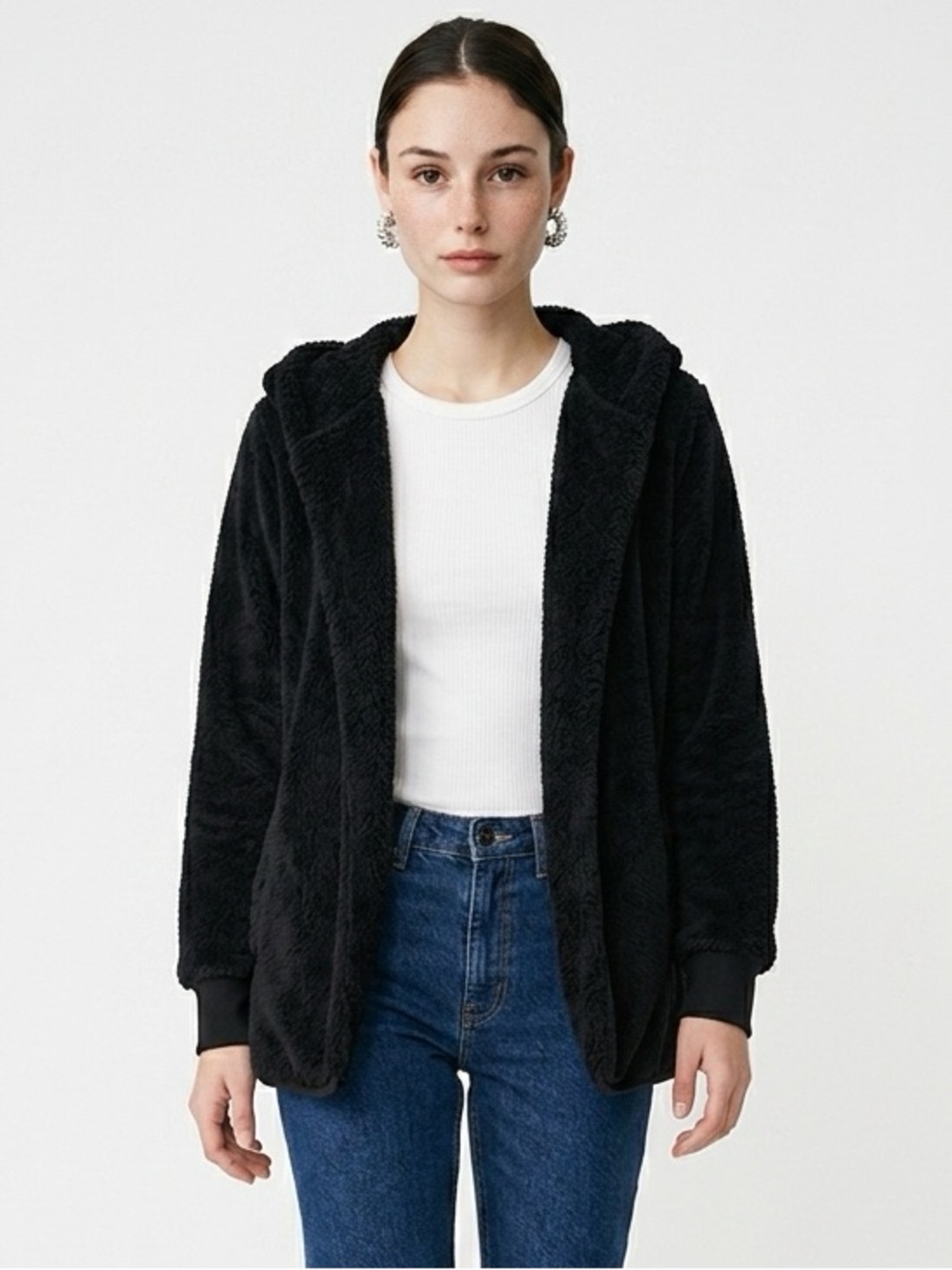Black faux shearling open front cardigan jacket